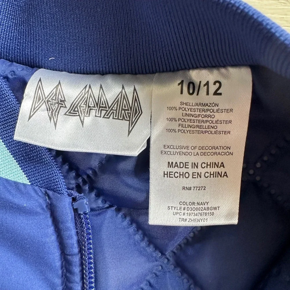 Kids Navy Blue/Purple Def Leppard 1980's Rock Paw Print Bomber Jacket Size 10 12